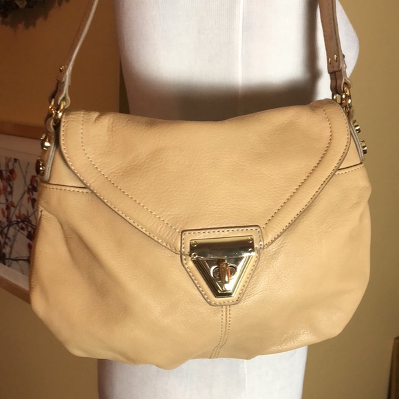 POUR LE VICTOIRE Leather Shoulder-bag Purse Luxe Natural & Gold LOGO Stripe NEW - Picture 13 of 15